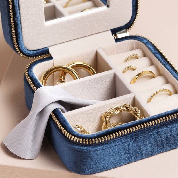 Lisa Angel - Navy Blue Velvet Square Travel Jewellery Case