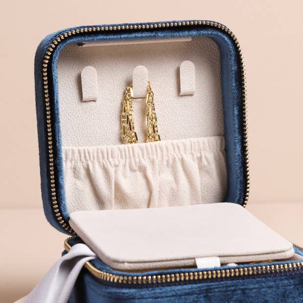 Lisa Angel - Navy Blue Velvet Square Travel Jewellery Case