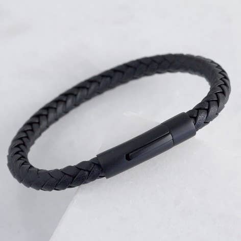 Lisa Angel - Men's Black Leather Bracelet With Matt Black Clasp: Medium