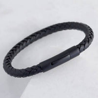Lisa Angel - Men's Black Leather Bracelet With Matt Black Clasp: Medium
