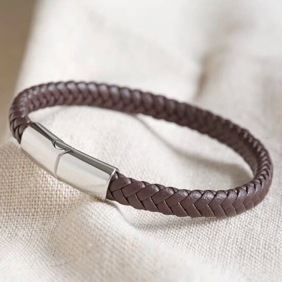 Lisa Angel - Mens Brown Woven Vegan Leather Bracelet with Shiny Clasp Med