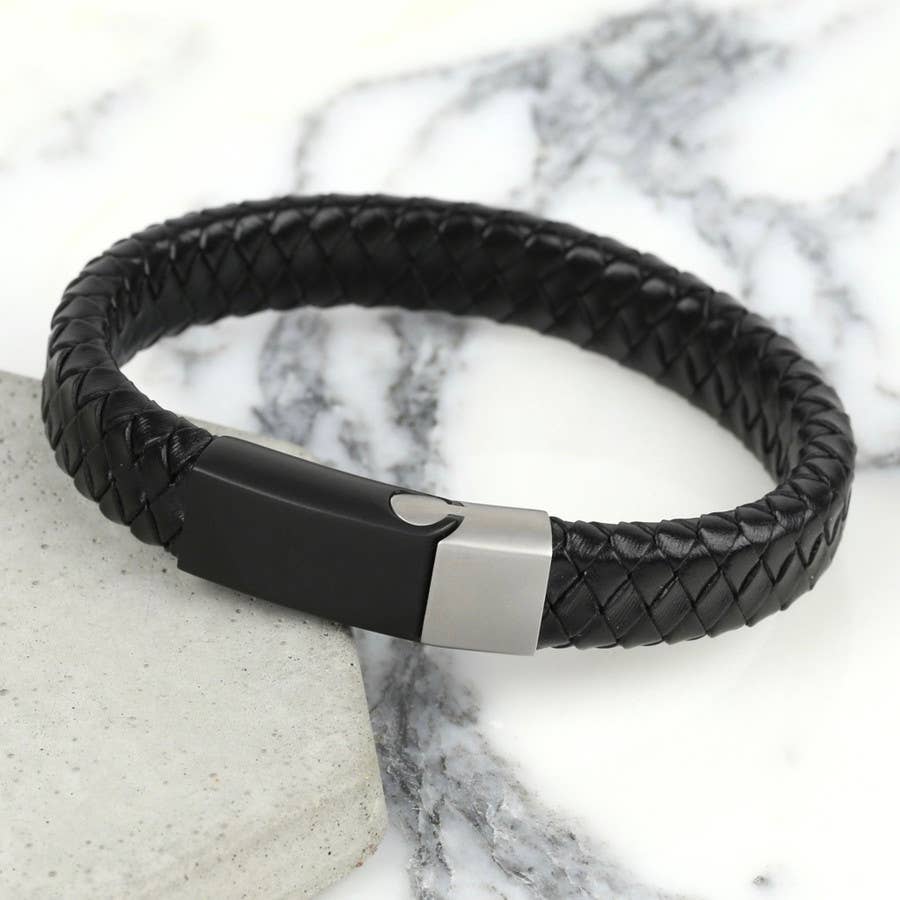 Lisa Angel - Men's Woven Black Leather Bracelet With Black Grey Clasp: M