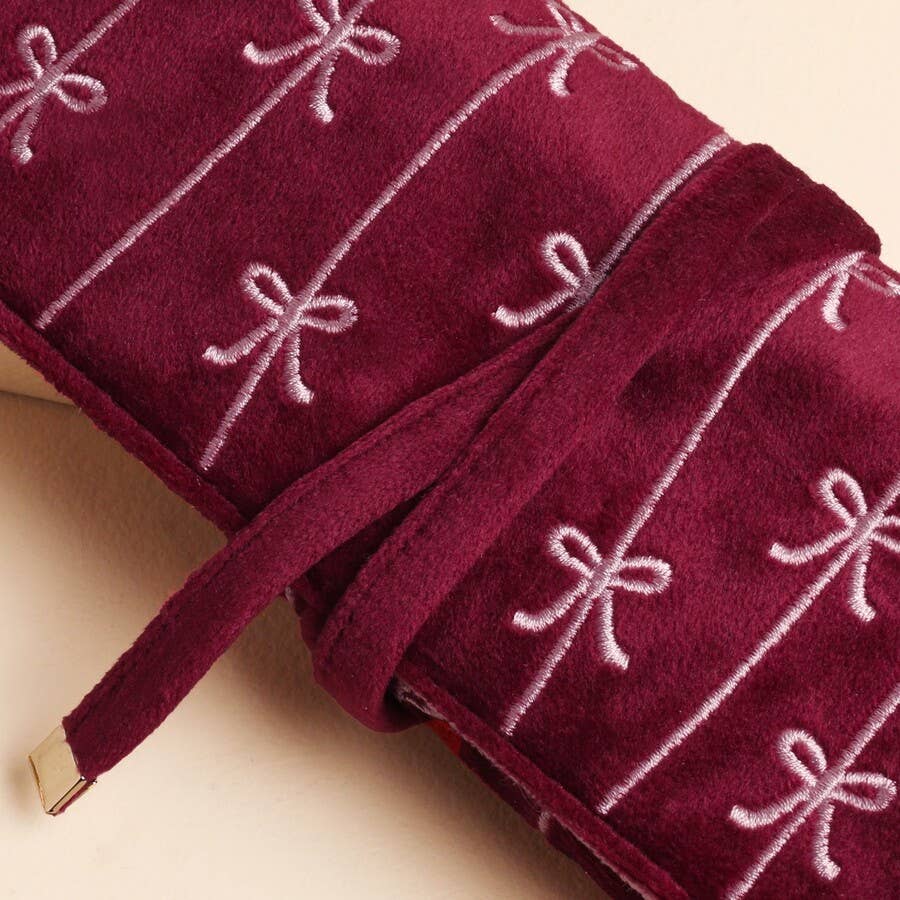 Lisa Angel - Burgundy Bow Embroidered Velvet Jewellery Roll