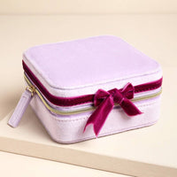 Lisa Angel - Pink and Burgundy Velvet Bow Square Travel Jewellery Case