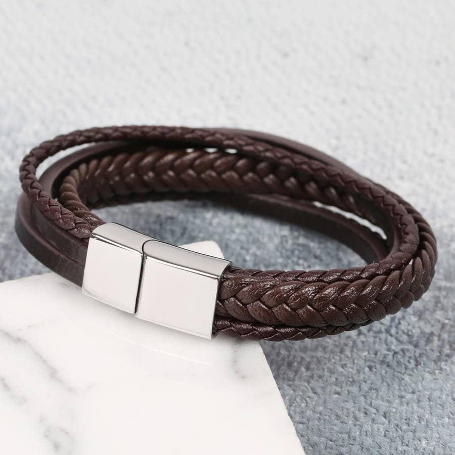Lisa Angel - Brown Leather Mixed Layered Men's Bracelet - M