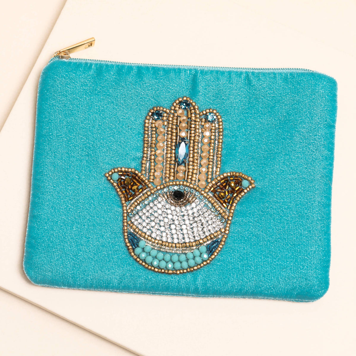Lisa Angel- Beaded Blue Hamsa Hand Small Pouch