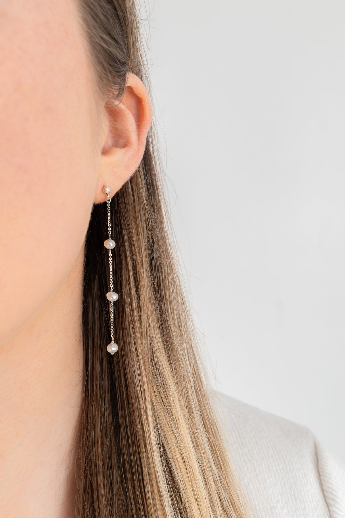 Sterling Silver Triple Pearl Drop stud earrings