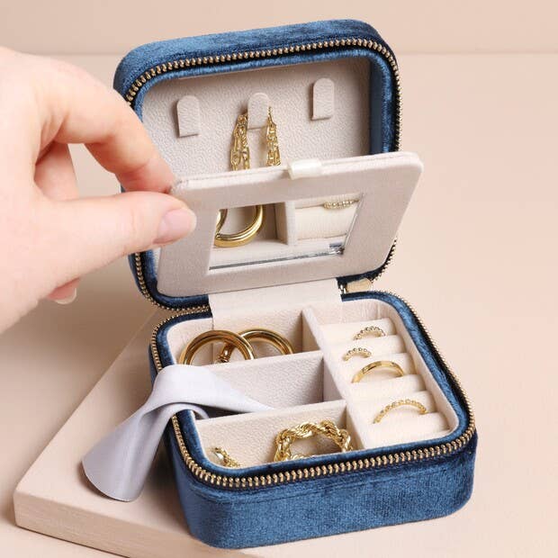 Lisa Angel - Navy Blue Velvet Square Travel Jewellery Case