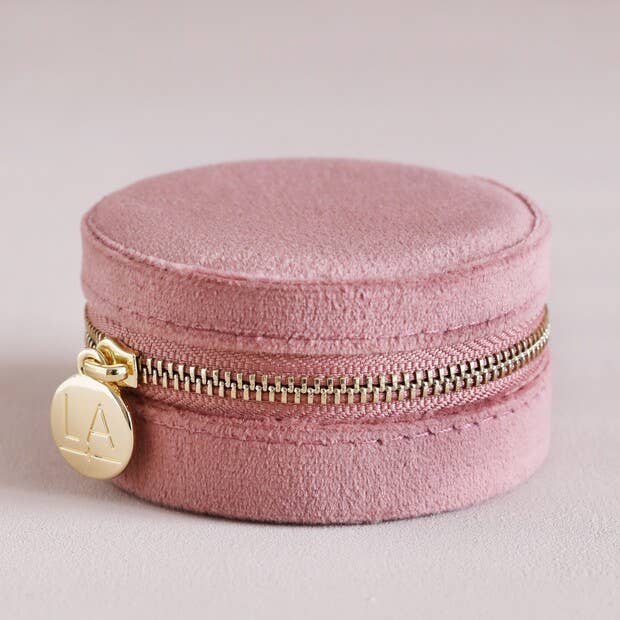 Lisa Angel - Rose Pink Velvet Round Travel Jewellery Case