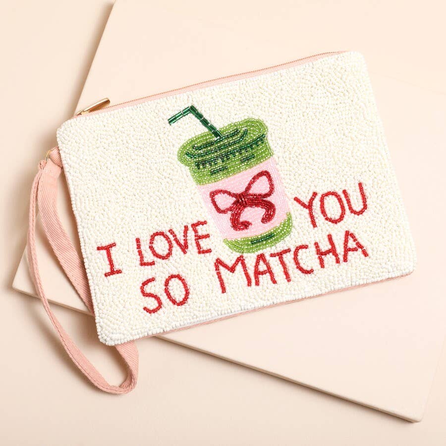 Lisa Angel  - Beaded White 'I Love You So Matcha' Pouch