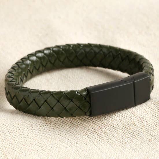 Lisa Angel - Men's Woven Khaki Leather Bracelet with Black Clasp - M