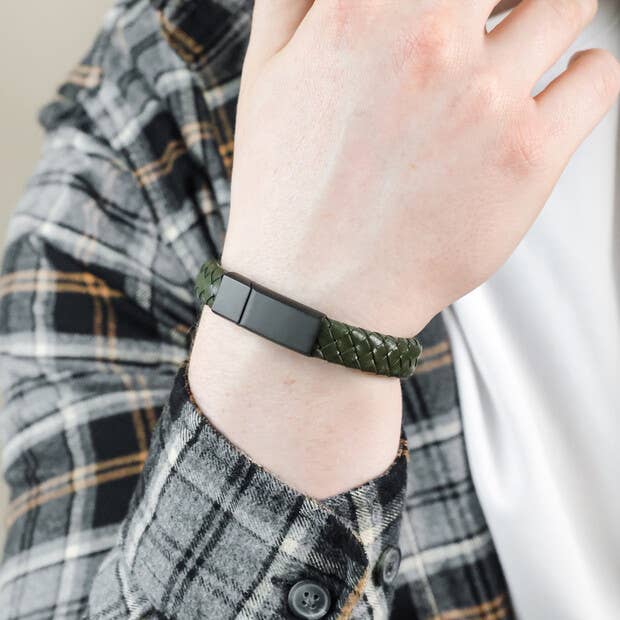 Lisa Angel - Men's Woven Khaki Leather Bracelet with Black Clasp - M
