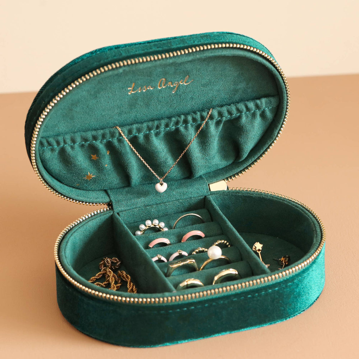 Lisa Angel - Starry Night Printed Velvet Oval Jewellery Case in Teal