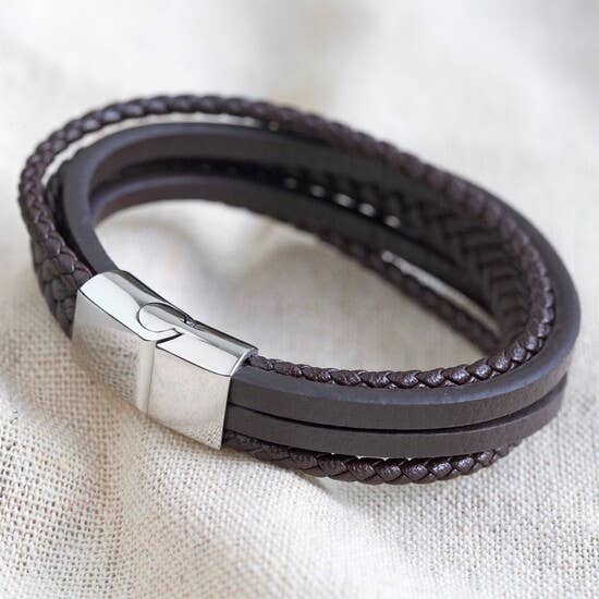 Lisa Angel - Mens Layered Vegan Leather Straps Bracelet in Brown - Medium