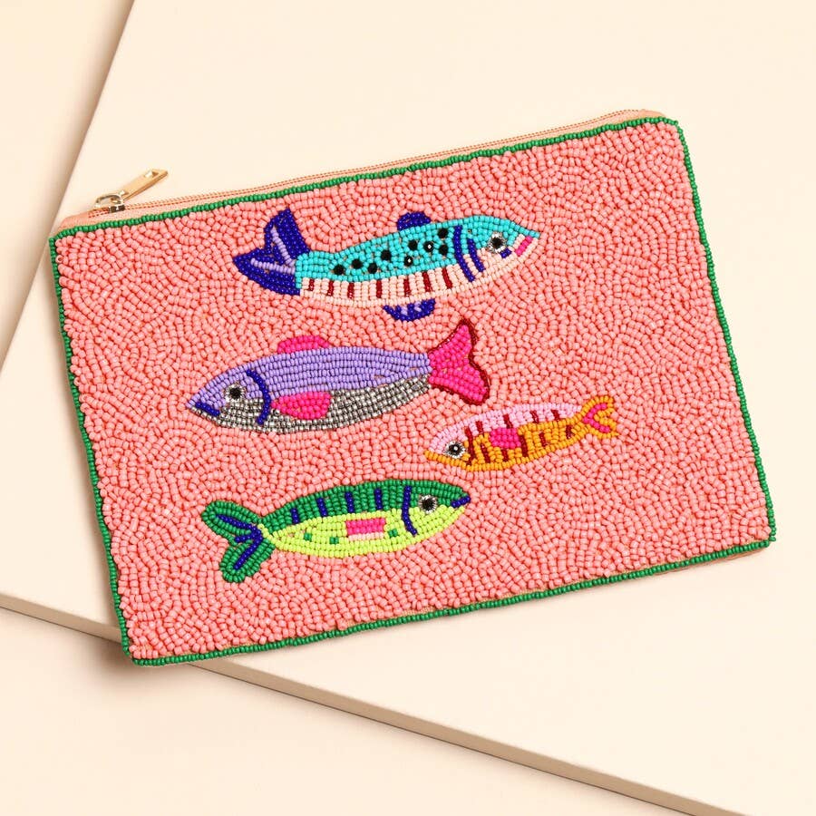 Lisa Angel - Large Pink Beaded Fish Pouch