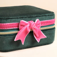 Lisa Angel - Green and Pink Velvet Bow Square Travel Jewellery Case