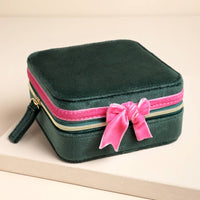 Lisa Angel - Green and Pink Velvet Bow Square Travel Jewellery Case