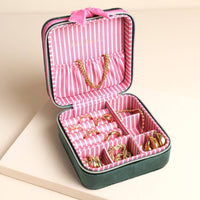 Lisa Angel - Green and Pink Velvet Bow Square Travel Jewellery Case