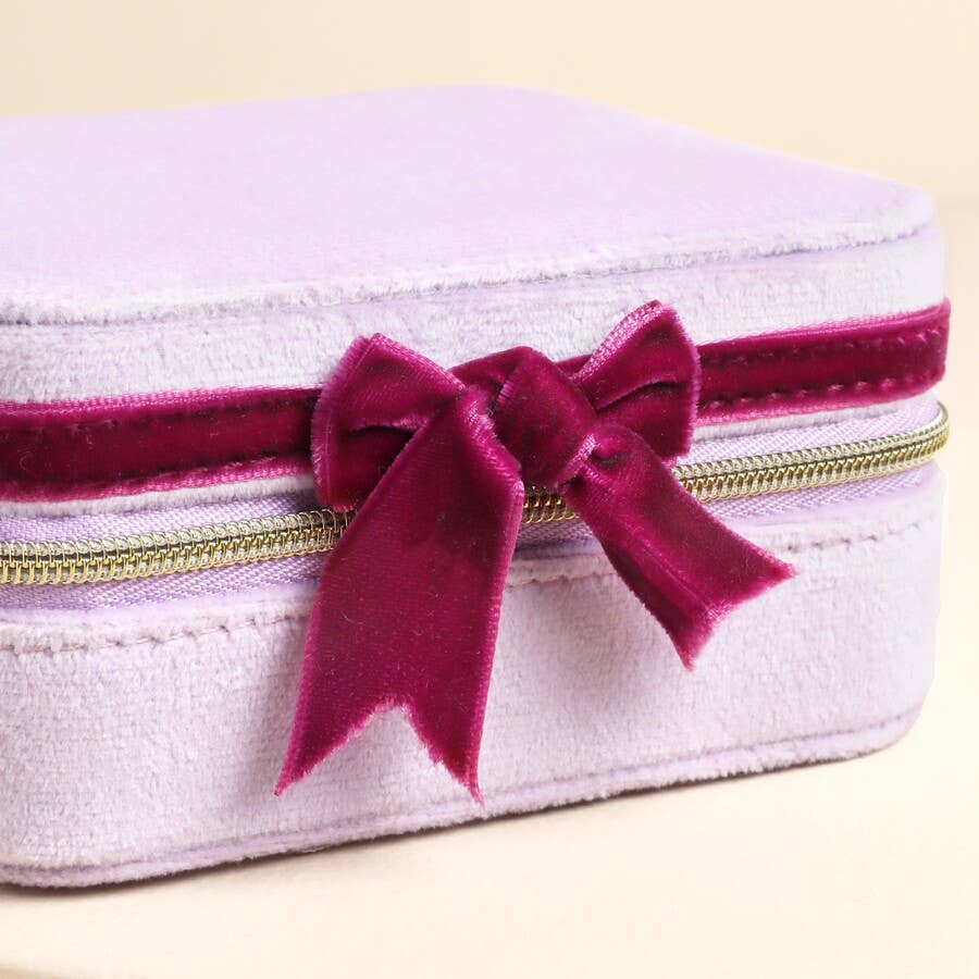 Lisa Angel - Pink and Burgundy Velvet Bow Square Travel Jewellery Case