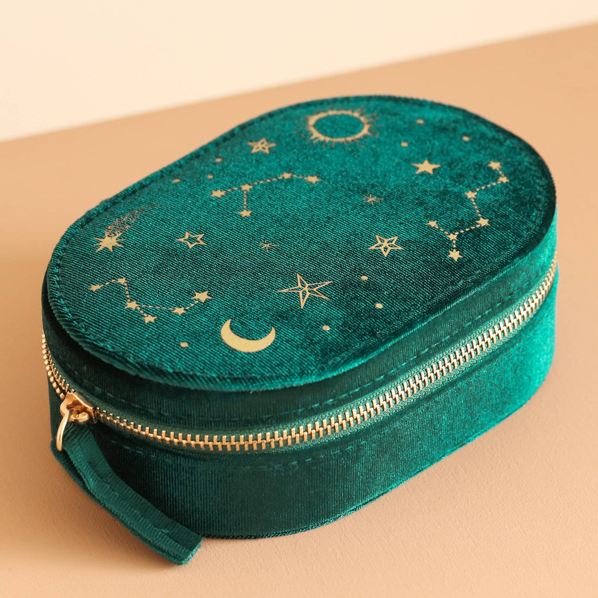 Lisa Angel - Starry Night Printed Velvet Oval Jewellery Case in Teal