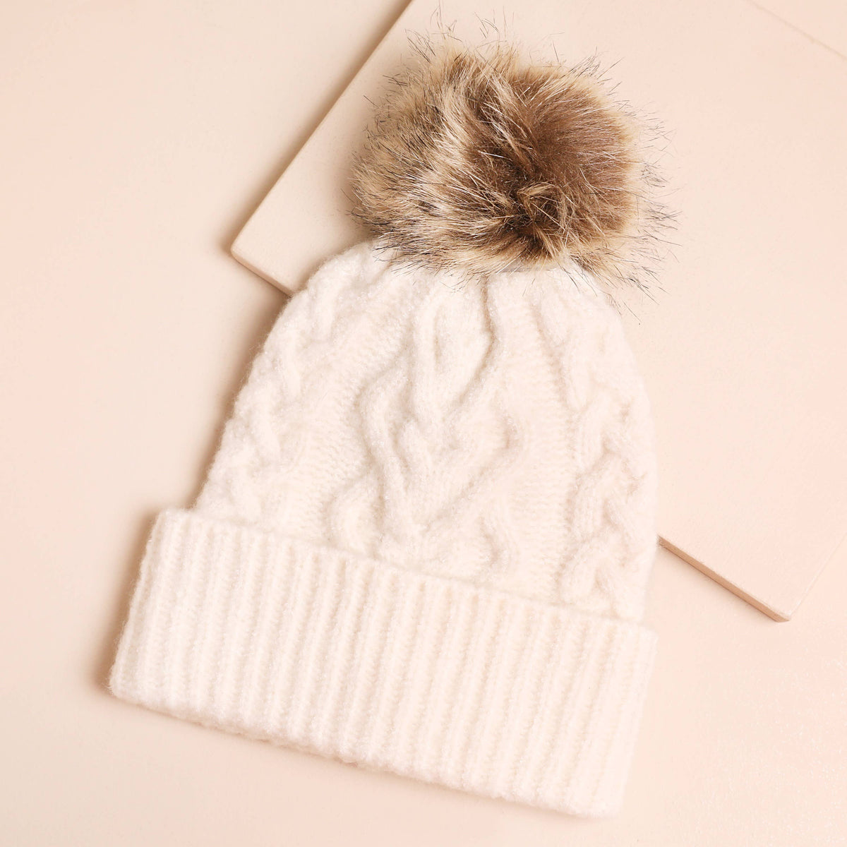 Lisa Angel - Cream Cable Knit Bobble Hat