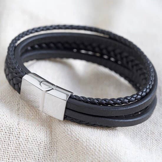 Lisa Angel - Mens Layered Vegan Leather Straps Bracelet in Black - Medium