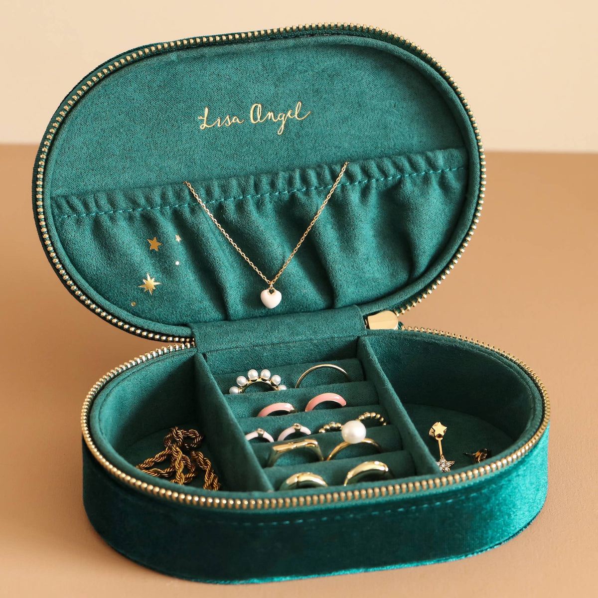 Lisa Angel - Starry Night Printed Velvet Oval Jewellery Case in Teal