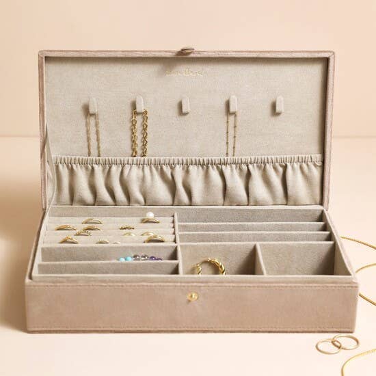 Lisa Angel - Quilted Velvet Large Jewellery Box in Taupe