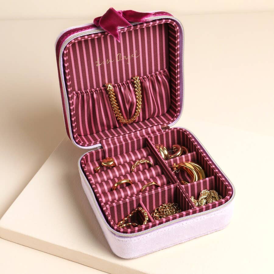 Lisa Angel - Pink and Burgundy Velvet Bow Square Travel Jewellery Case