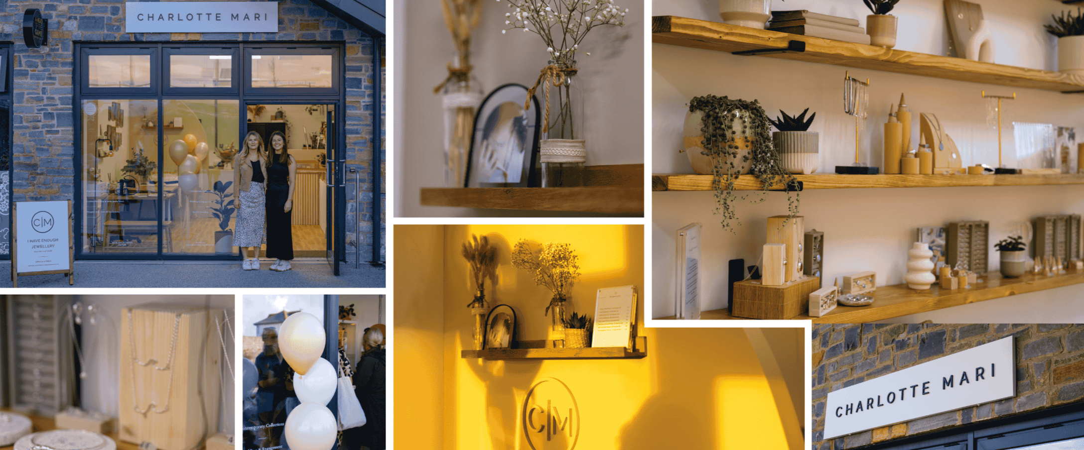 Collage of images from a Charlotte Mari store and interior decor items.