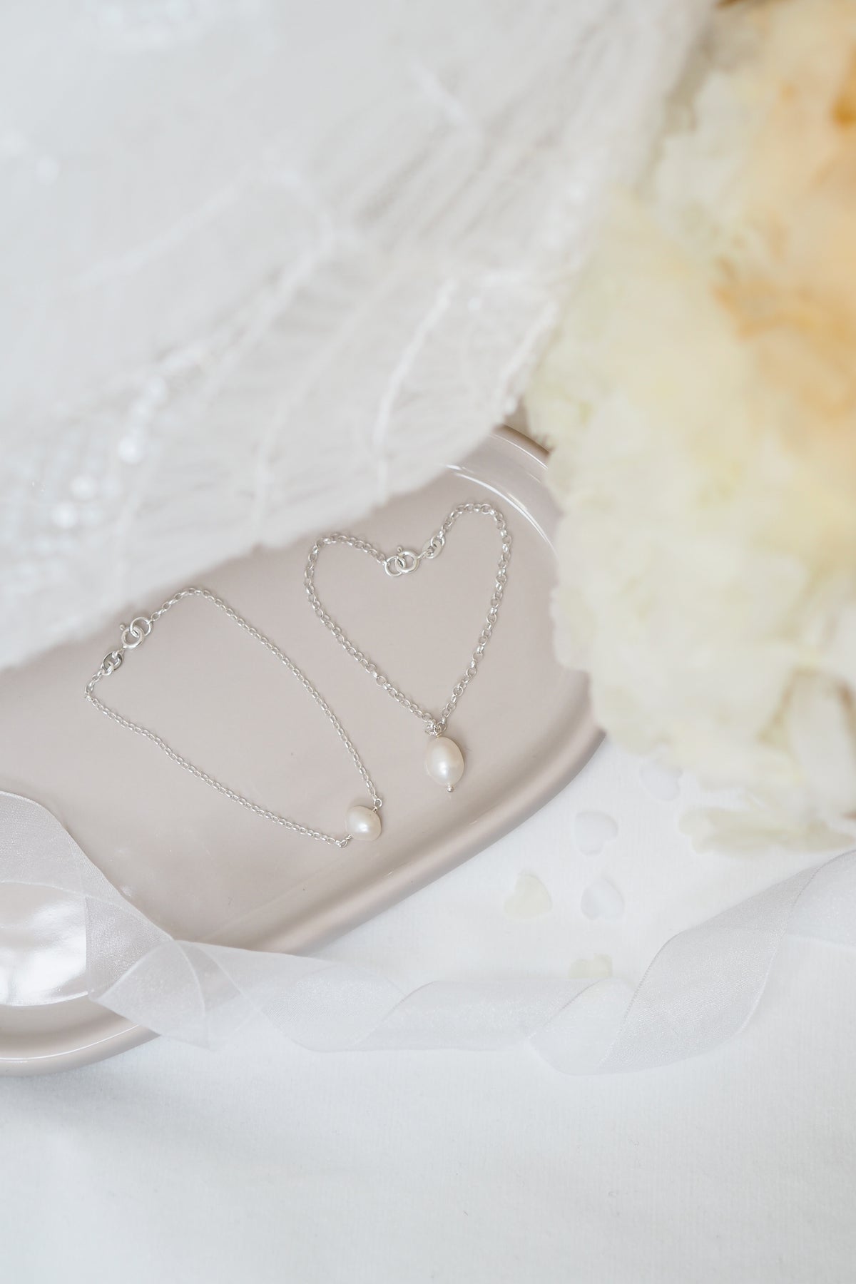 Dainty Silver Pearl Charm Bracelet