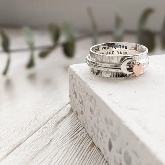 Personalised Silver Heart and Moon Spinner Ring