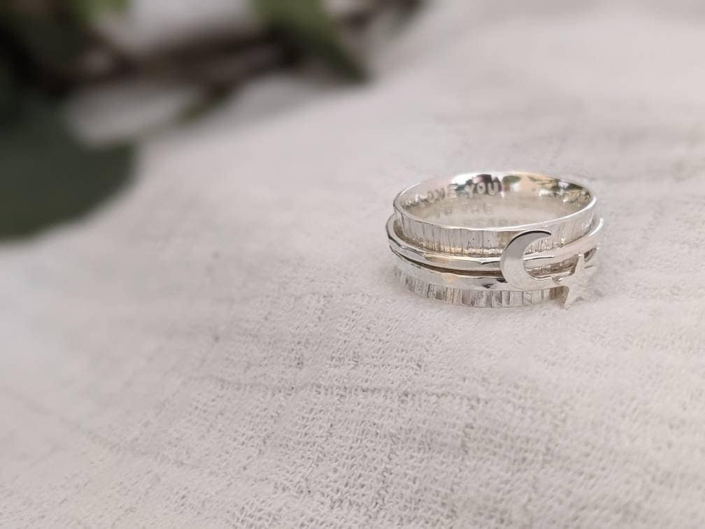 Personalised Star and Moon Silver Spinner Ring