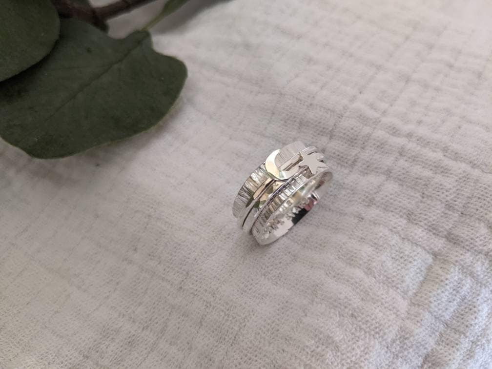 Personalised Star and Moon Silver Spinner Ring